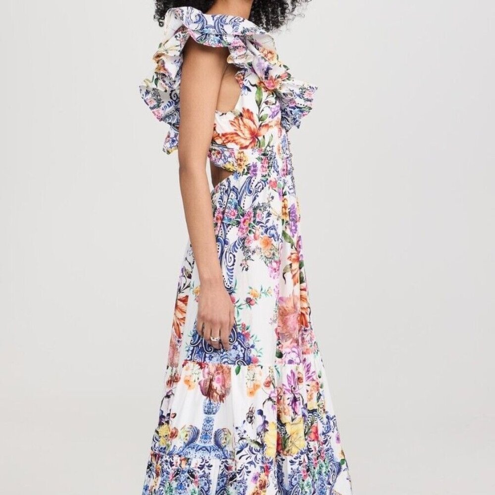 CAMILLA "Dutch Is Life" Tiered Frill V-Neck Open Back Maxi Cotton Dress, L $899 - Picture 4 of 16